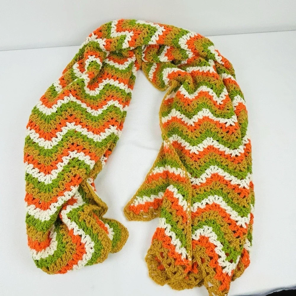 Handmade Throw Blanket Crocheted Granny Afghan Green Gold Orange White 80 x 48